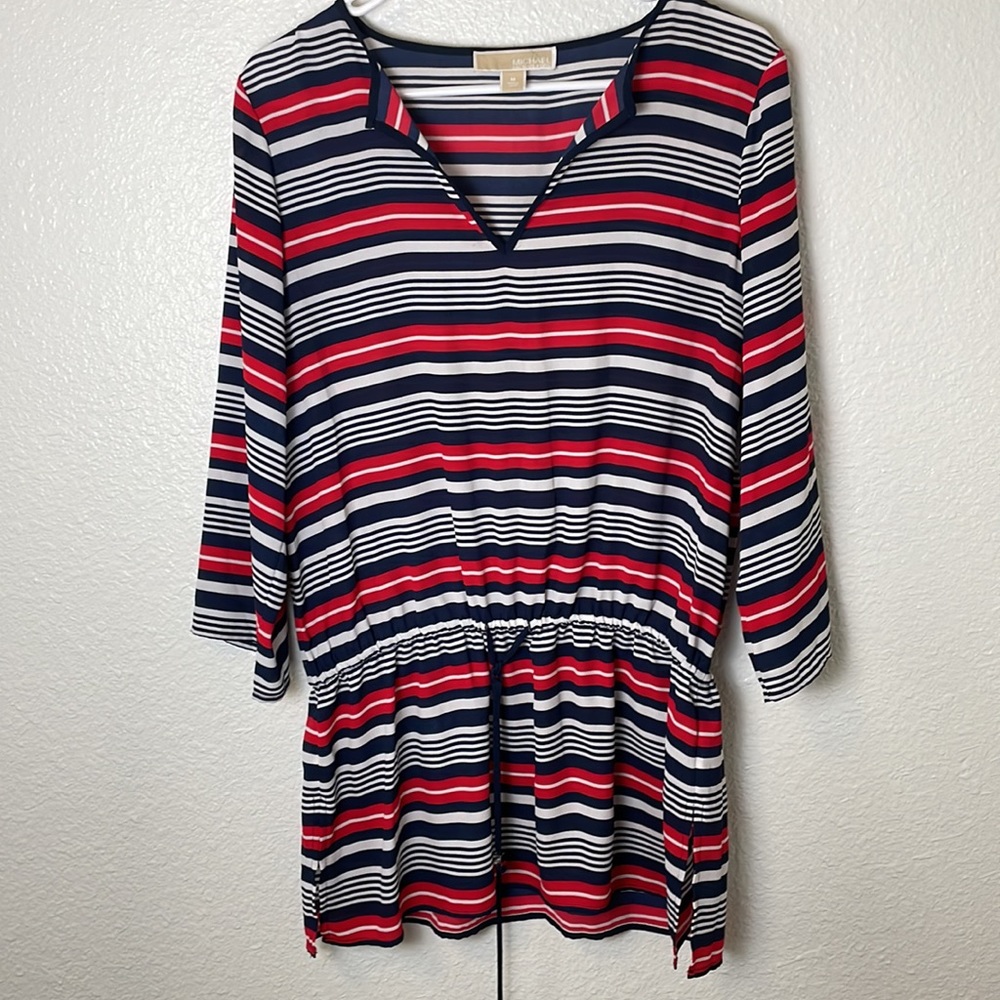 Michael Kors Red White and Blue Tunic Top 3/4 Sleeves Sheer Waist Tie - Picture 2 of 8